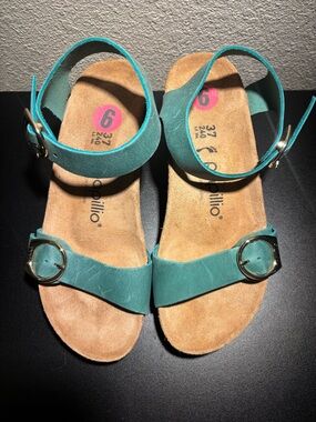 Birkenstock Teal Leather Wedge Sandals with Gold Buckles